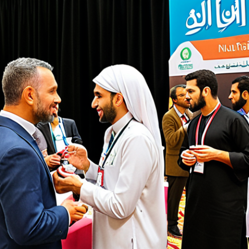 **Image:** A vibrant networking event at a nutrition conference. People are engaged in conversation, exchanging business cards, and listening to a speaker. The scene should convey a sense of opportunity and connection. The background can feature banners with Arabic calligraphy related to health and wellness.
    **Prompt:** Nutrition conference networking event, Arabic professionals, engaging conversations, expert speakers, health and wellness banners, warm and inviting atmosphere.