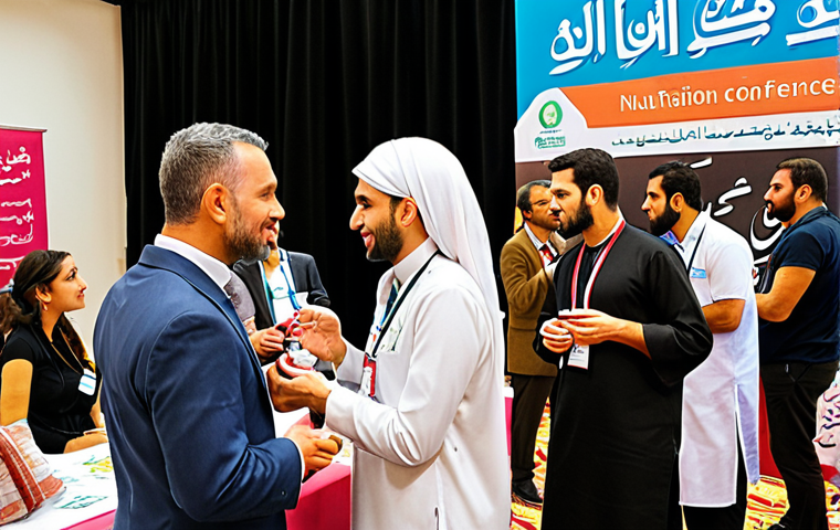 **Image:** A vibrant networking event at a nutrition conference. People are engaged in conversation, exchanging business cards, and listening to a speaker. The scene should convey a sense of opportunity and connection. The background can feature banners with Arabic calligraphy related to health and wellness.
    **Prompt:** Nutrition conference networking event, Arabic professionals, engaging conversations, expert speakers, health and wellness banners, warm and inviting atmosphere.