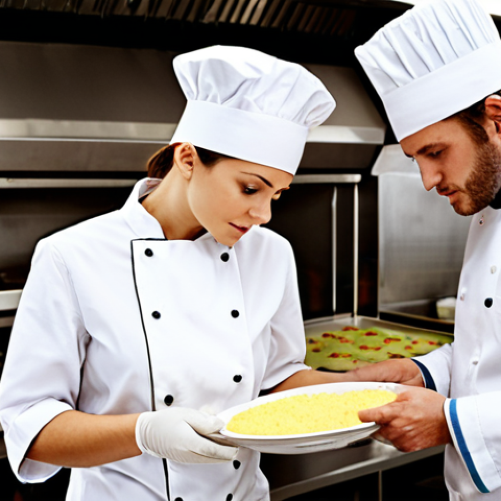 **

A consultant, in professional attire, working with a restaurant chef in a commercial kitchen. Focus on cleanliness and organization. Emphasize the consultant reviewing HACCP documentation with the chef.
*Prompt:* "Food safety consultant reviewing HACCP plan with a chef in a clean commercial kitchen. Professional attire, focus on organization and food safety procedures."

**