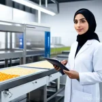 식품위생사 자격증 관련 추천 커뮤니티 - A determined young Arab woman, in her late 20s, wearing a modest, clean lab coat over her profession...