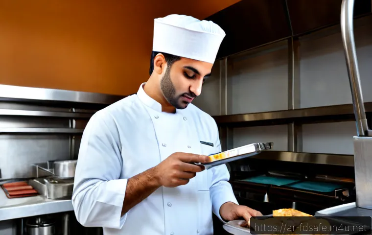 식품위생사 실무 팁 - Photorealistic food hygiene inspector in modest professional attire checking the temperature of fres...